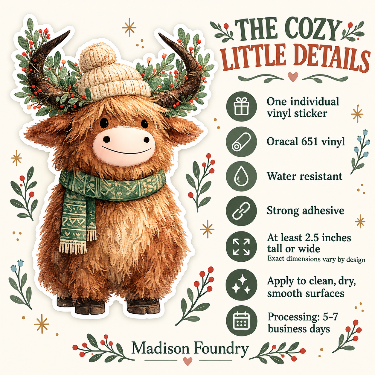 Cozy Christmas Highland Cow vinyl sticker — details slide