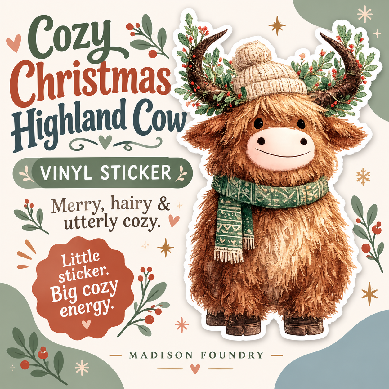 Cozy Christmas Highland Cow vinyl sticker — hero slide