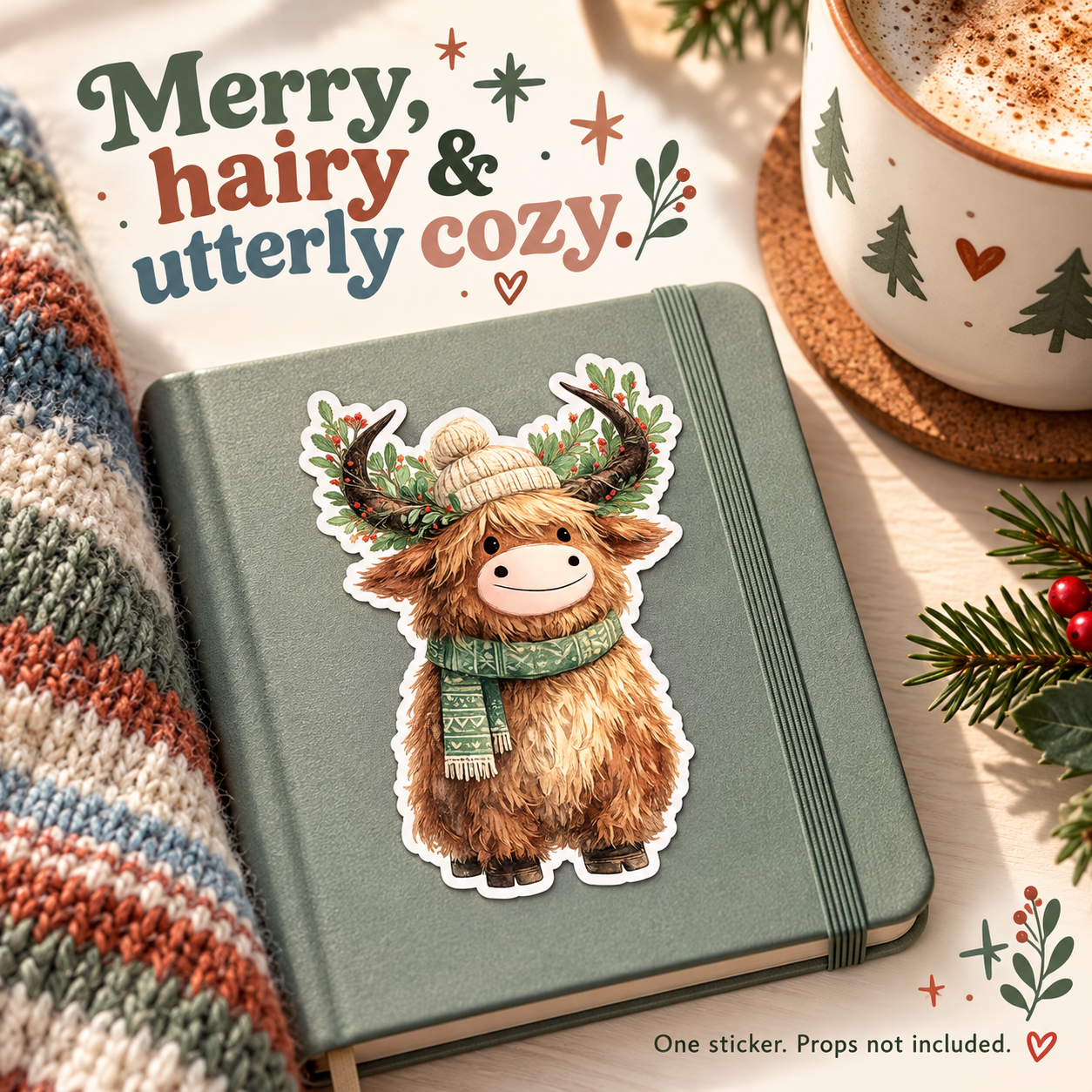 Cozy Christmas Highland Cow vinyl sticker — lifestyle slide