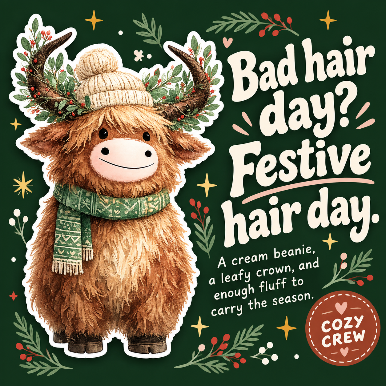 Cozy Christmas Highland Cow vinyl sticker — personality slide