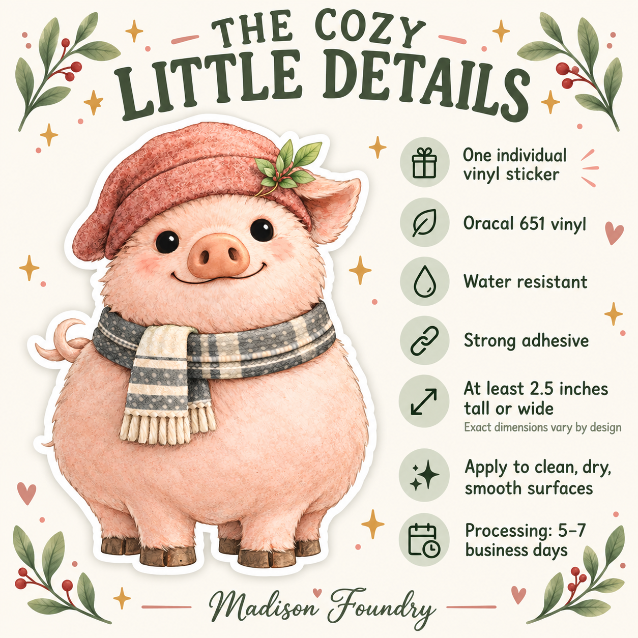 Cozy Christmas Pig vinyl sticker — details slide