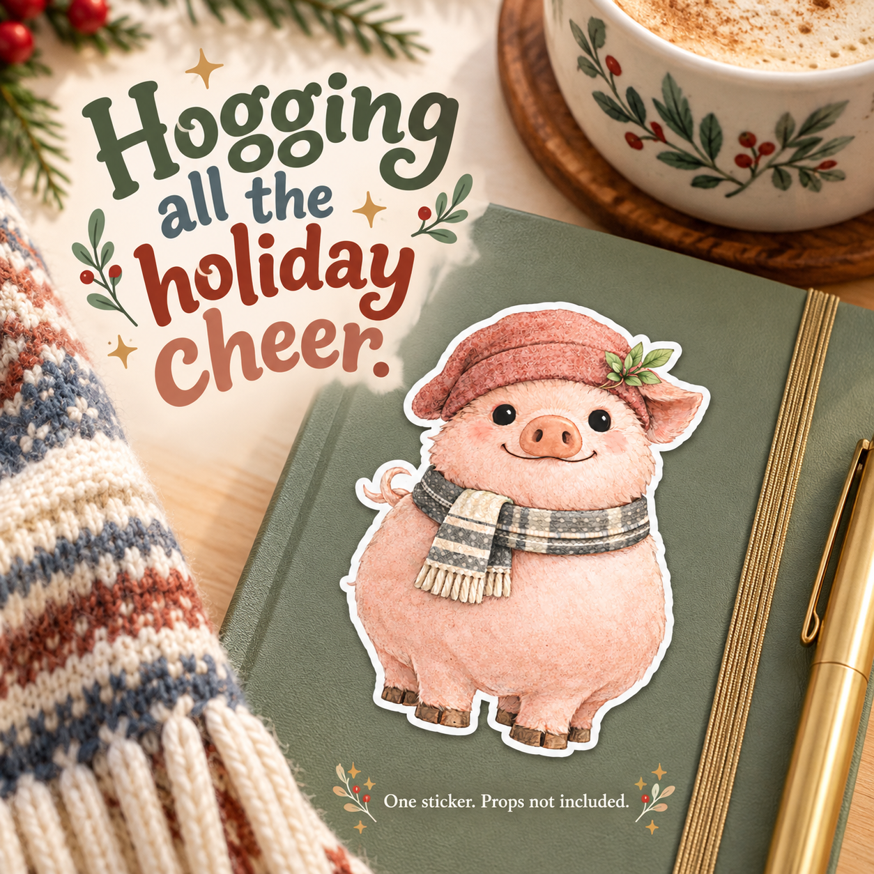 Cozy Christmas Pig vinyl sticker — lifestyle slide