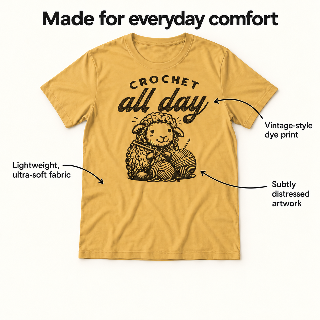 Crochet All Day tri-blend tee details