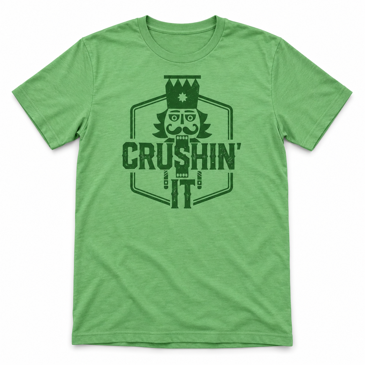 Full-length mint green Crushin’ It nutcracker tee on white