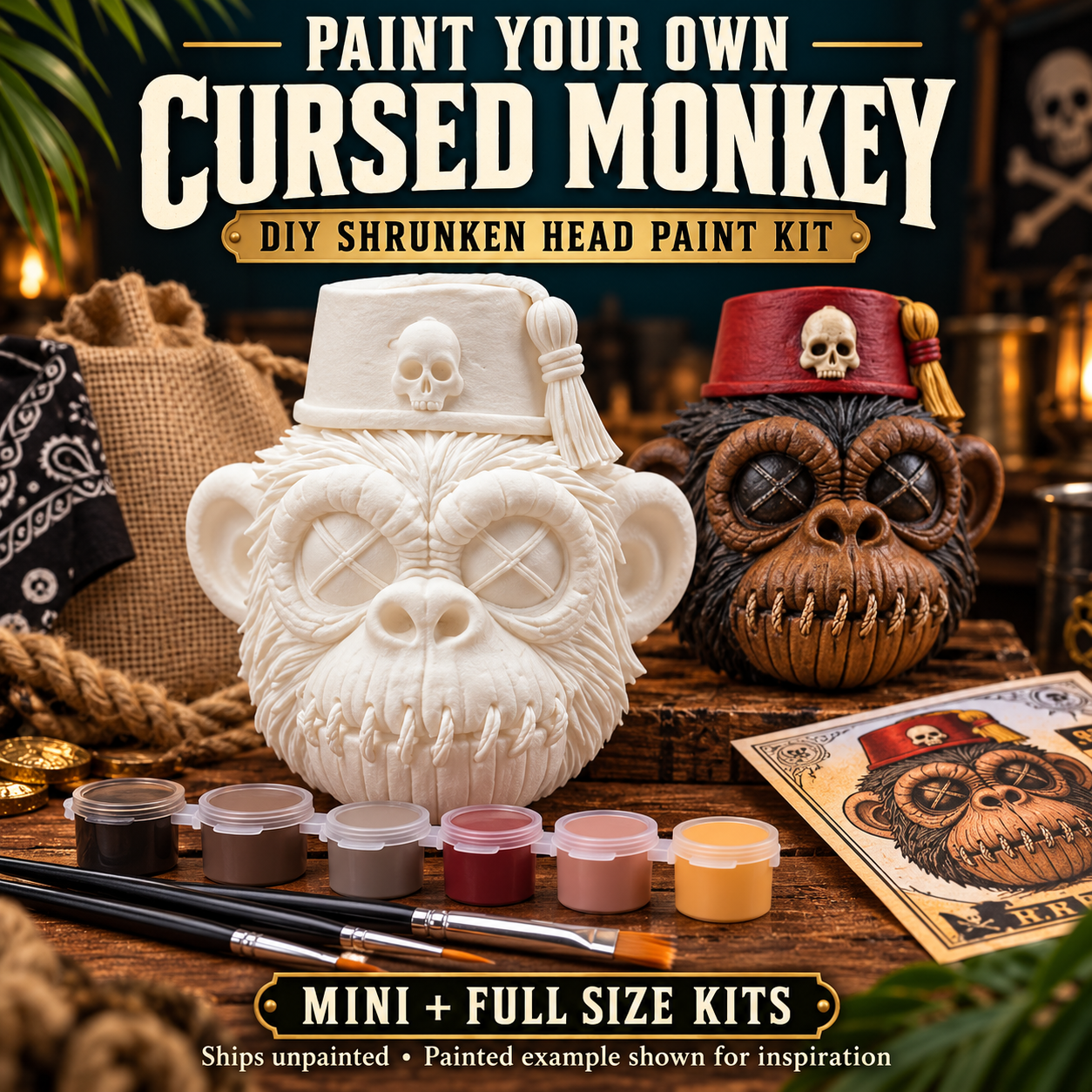 Cursed monkey DIY paint kit with white blank and painted inspiration