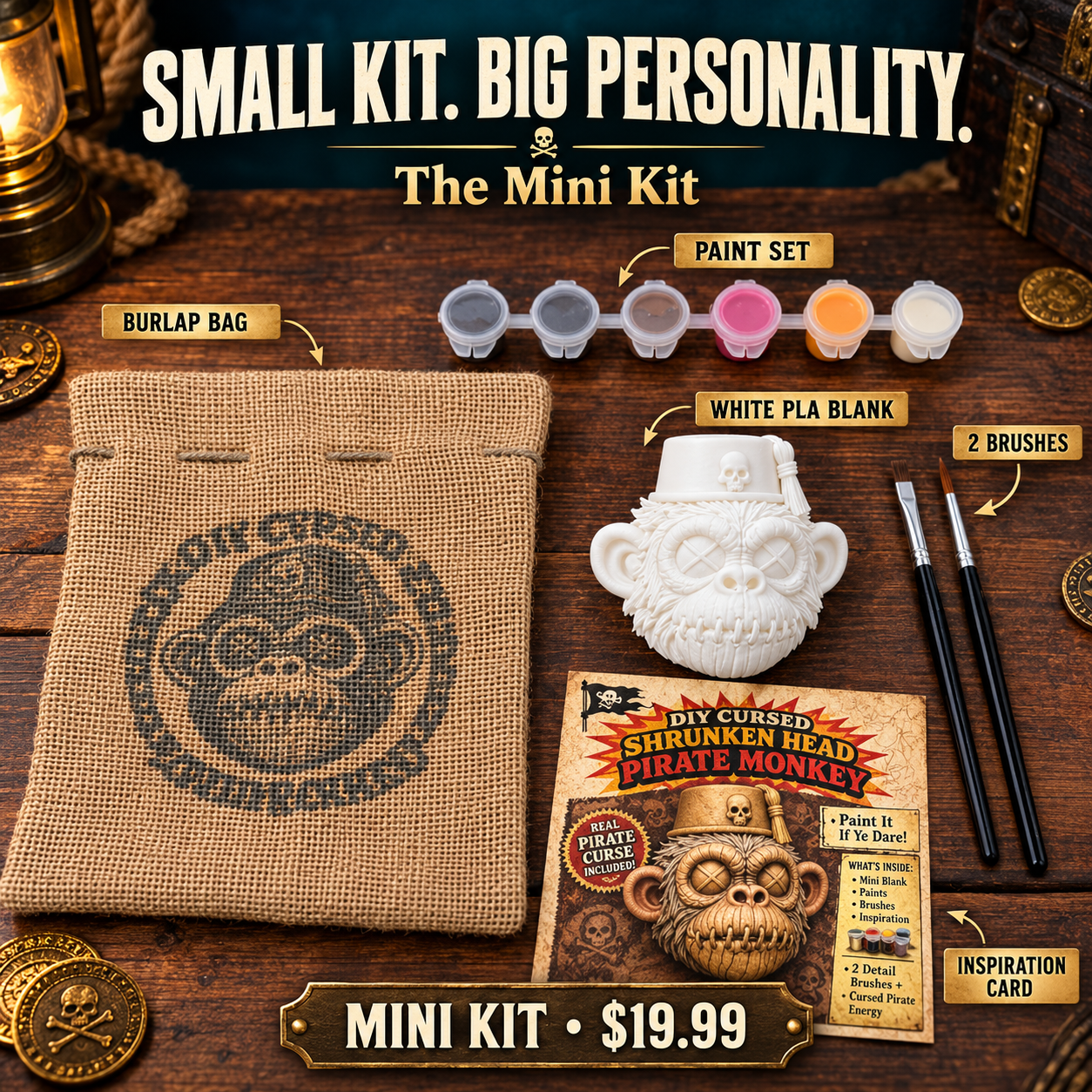 Small kit contents with paint, two brushes, burlap bag and inspiration card