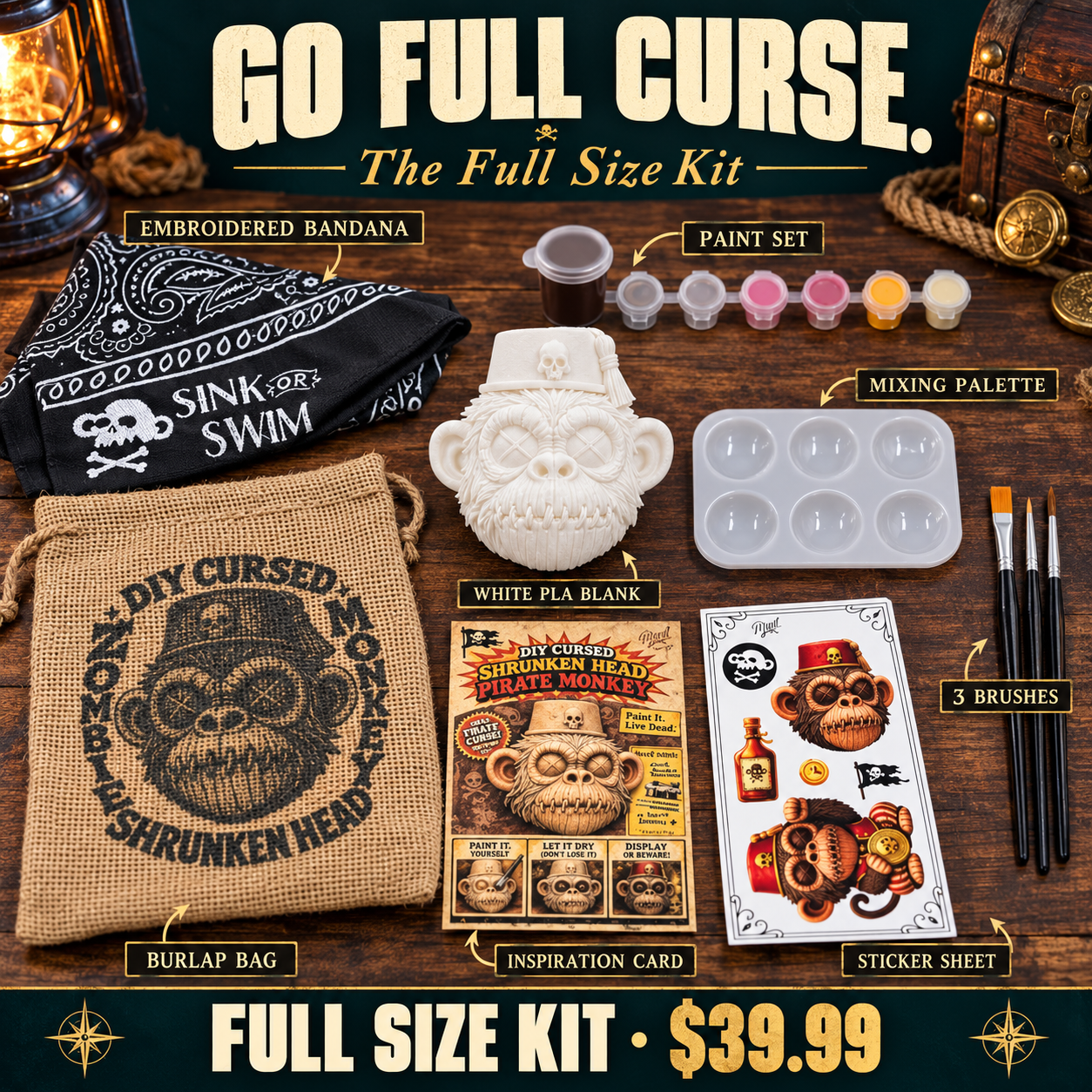Large kit contents with paint, three brushes, palette, bandana and stickers