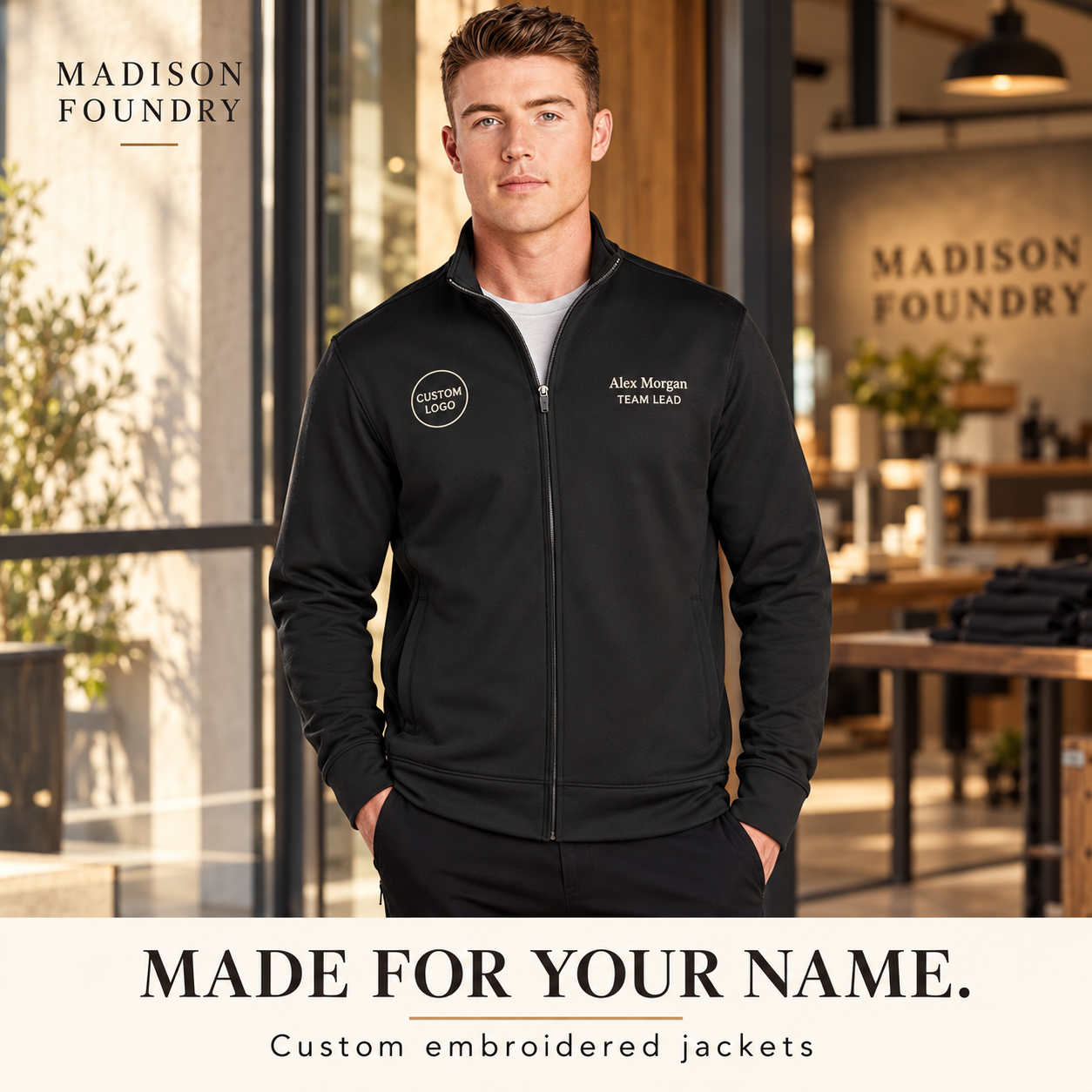Custom embroidered Sport-Tek full-zip jacket with name and title over the heart and logo on opposite chest