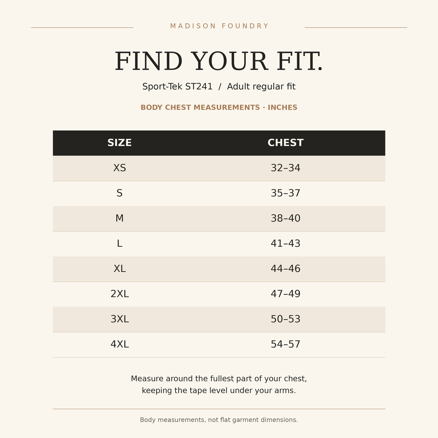 Sport-Tek ST241 body chest size chart XS–4XL