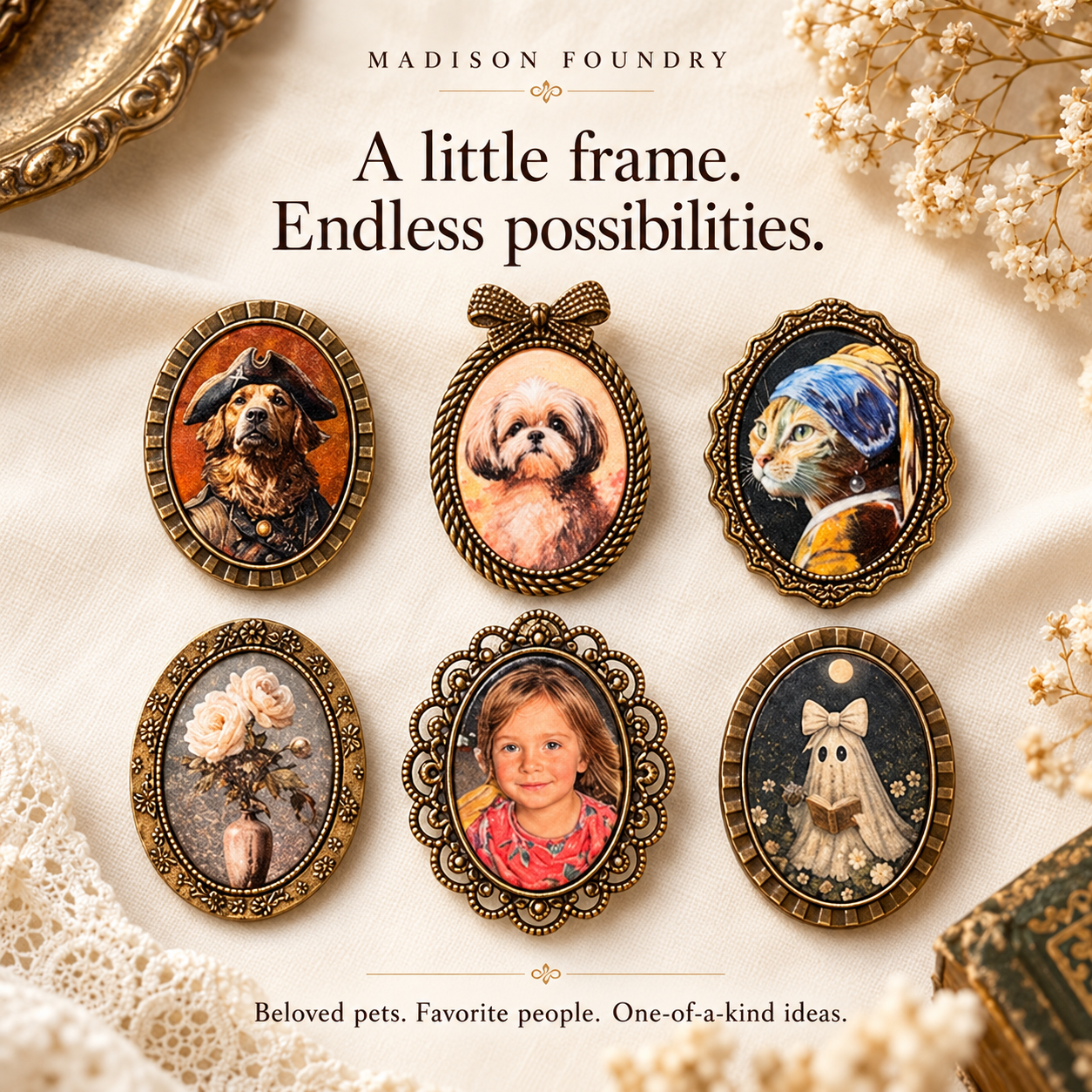 Custom brooch examples with pets, portraits, flowers, and imaginative artwork