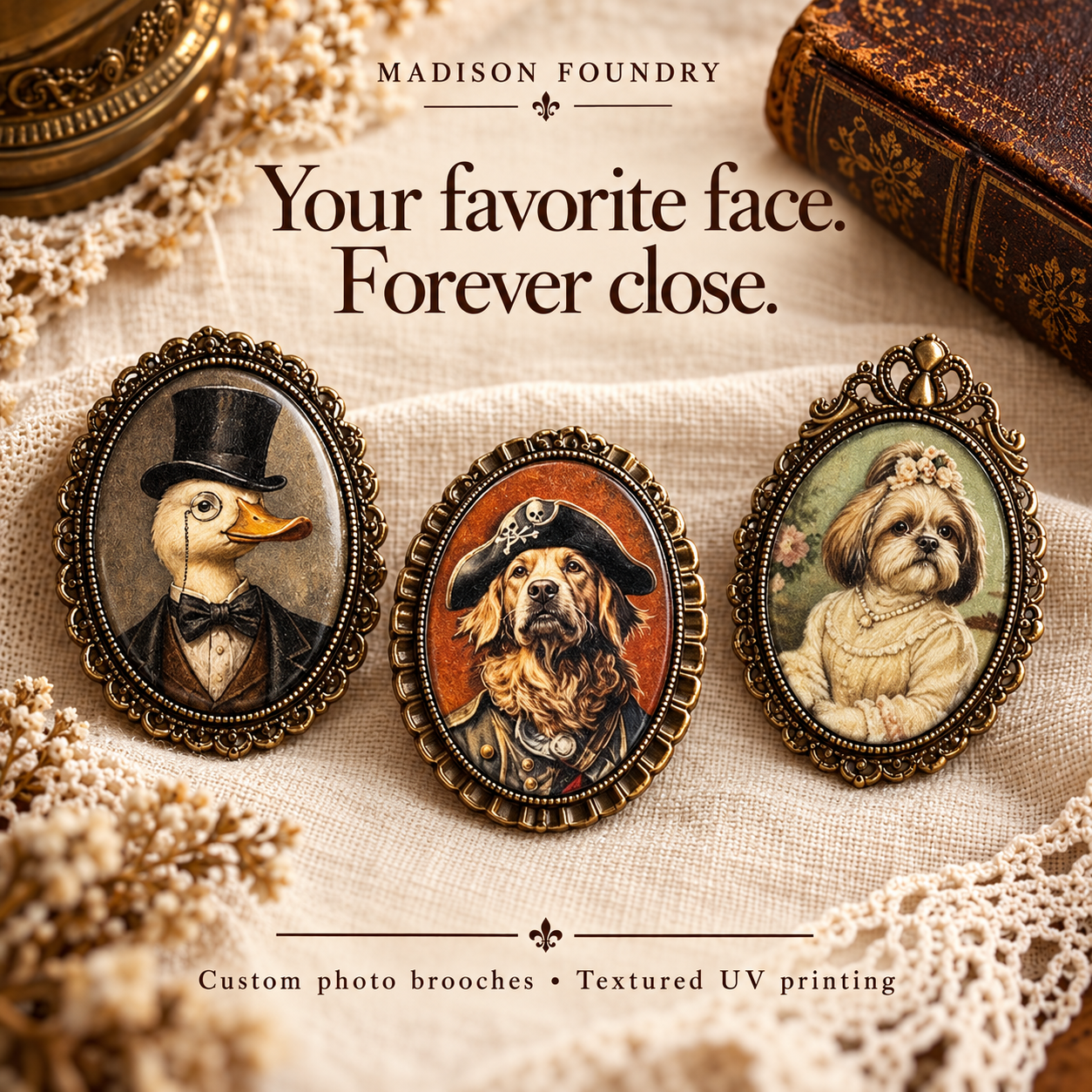 Your favorite face. Forever close. Custom portrait brooches