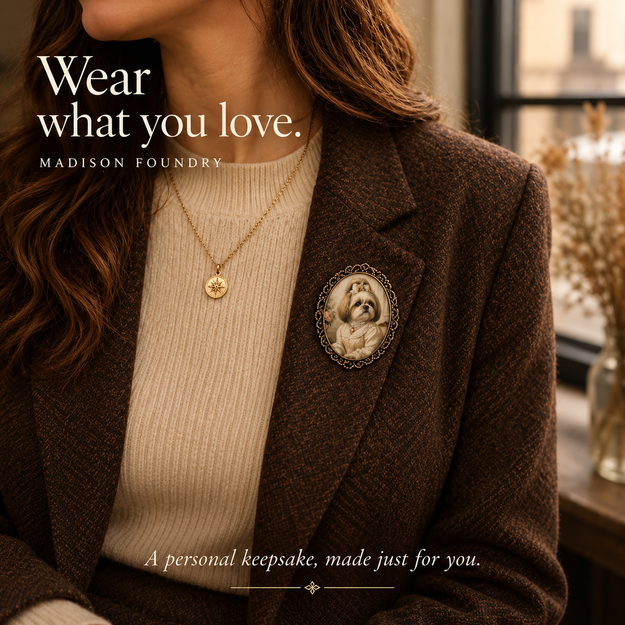 Personalized dog portrait brooch worn on a brown tweed blazer