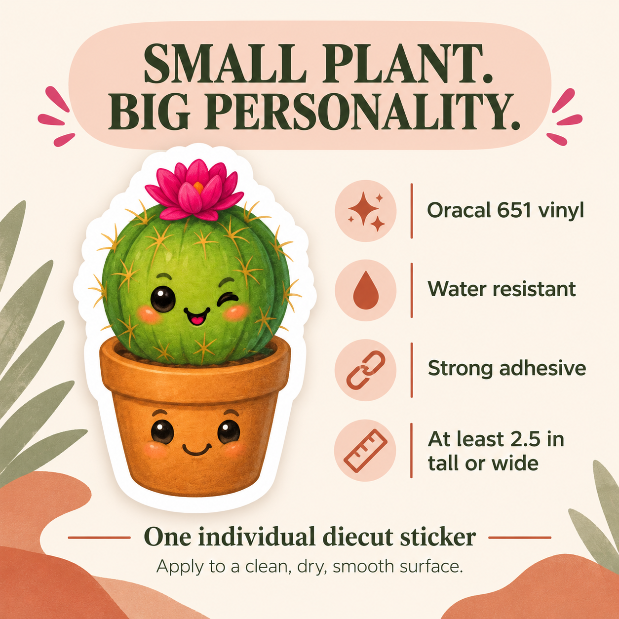 Cute Cactus vinyl sticker specifications and application details.