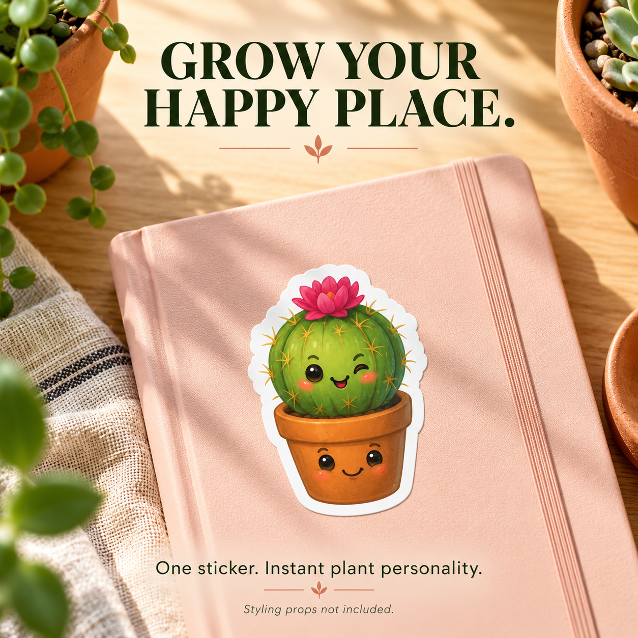 Cute Cactus sticker styled on a blush notebook; props not included.