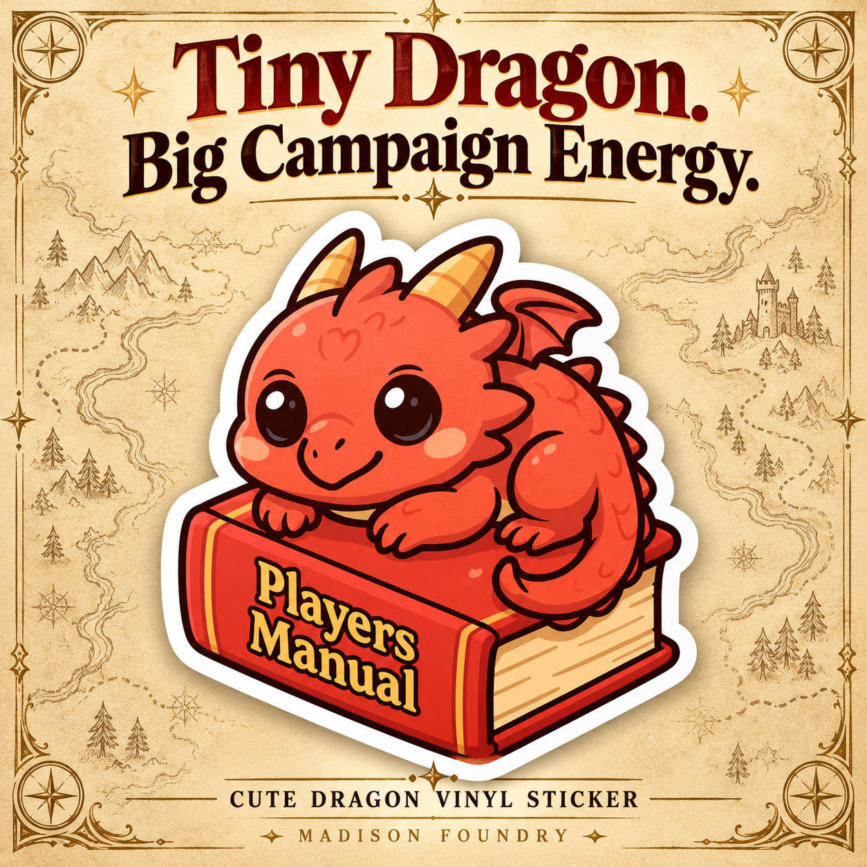 Cute dragon on Players Manual with fantasy map