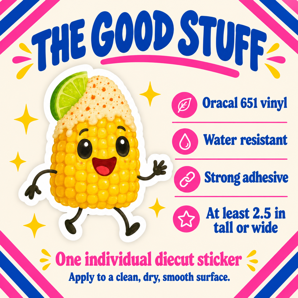 Cute Elote vinyl sticker material, water resistance, adhesive and minimum size details.