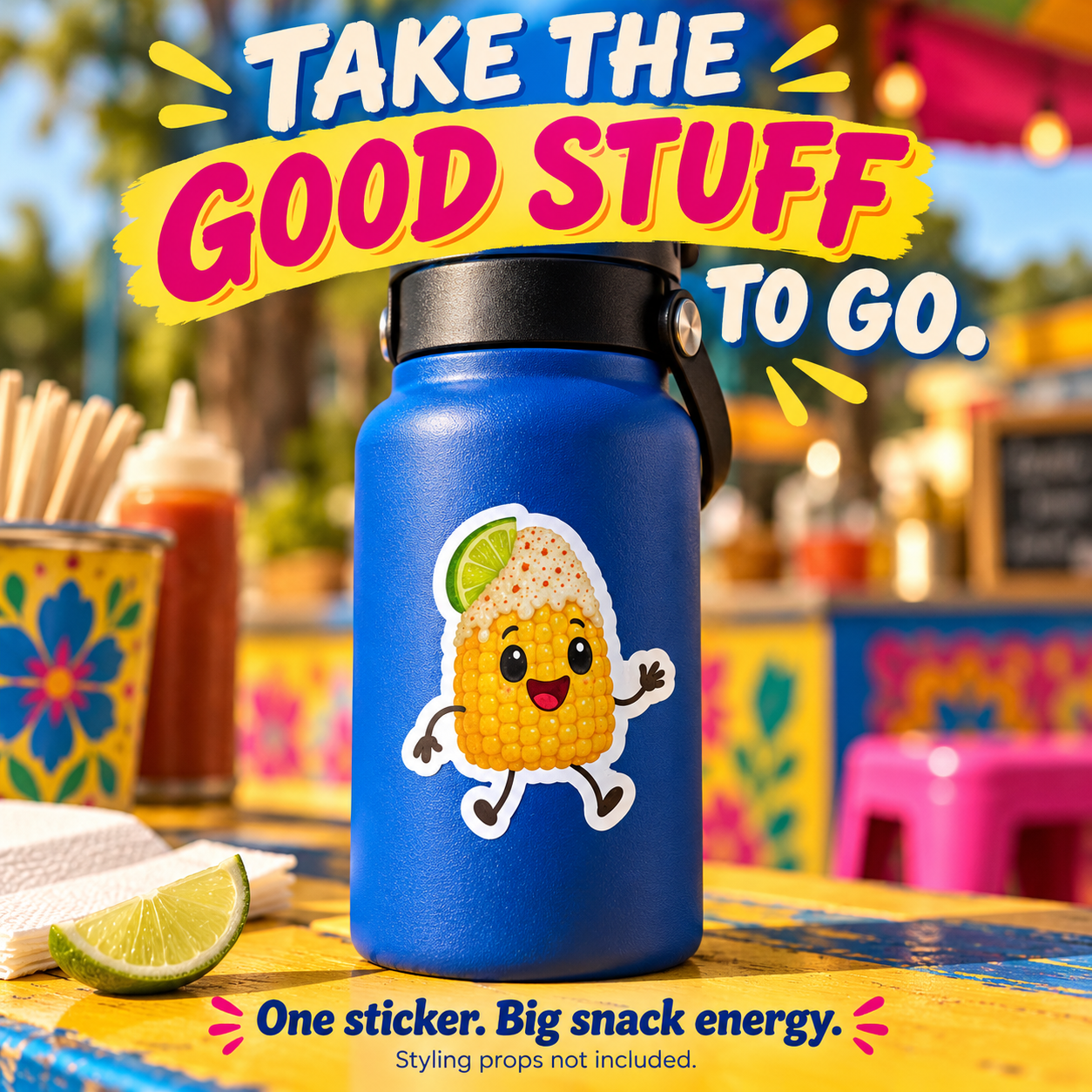 Cute Elote sticker styled on a blue bottle at a snack stand; props not included.