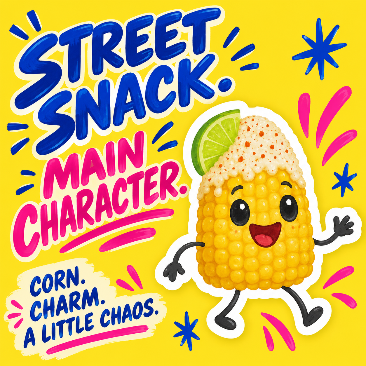 Dancing Elote sticker with Street Snack. Main Character. yellow poster.