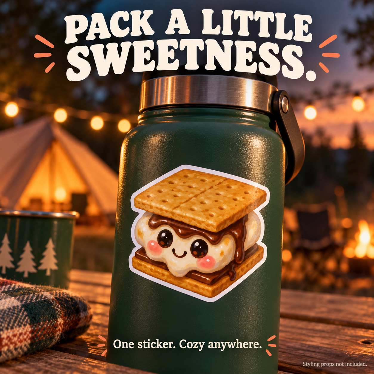 Cute S’mores sticker styled on a green camping bottle; props not included.