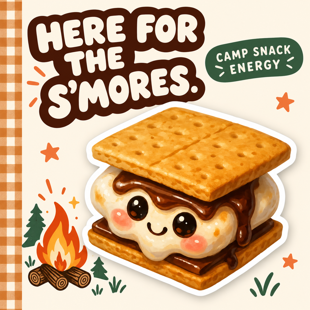 Cute S’mores sticker with Here for the S’mores camp snack design.