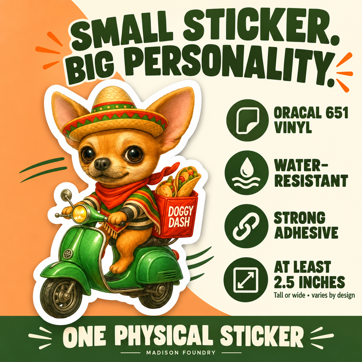 Small Sticker Big Personality — Doggy Dash Chihuahua vinyl details