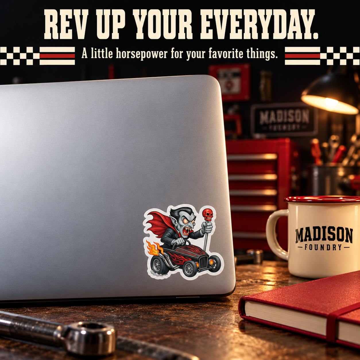 Rev Up Your Everyday — Dracula hot rod sticker on laptop