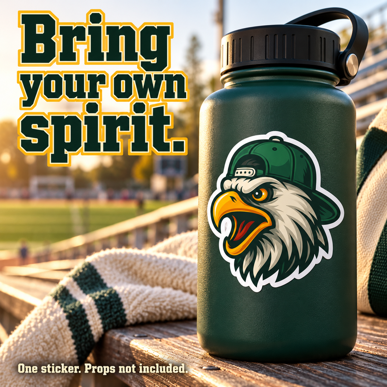 Eagle sticker on green bottle; props excluded