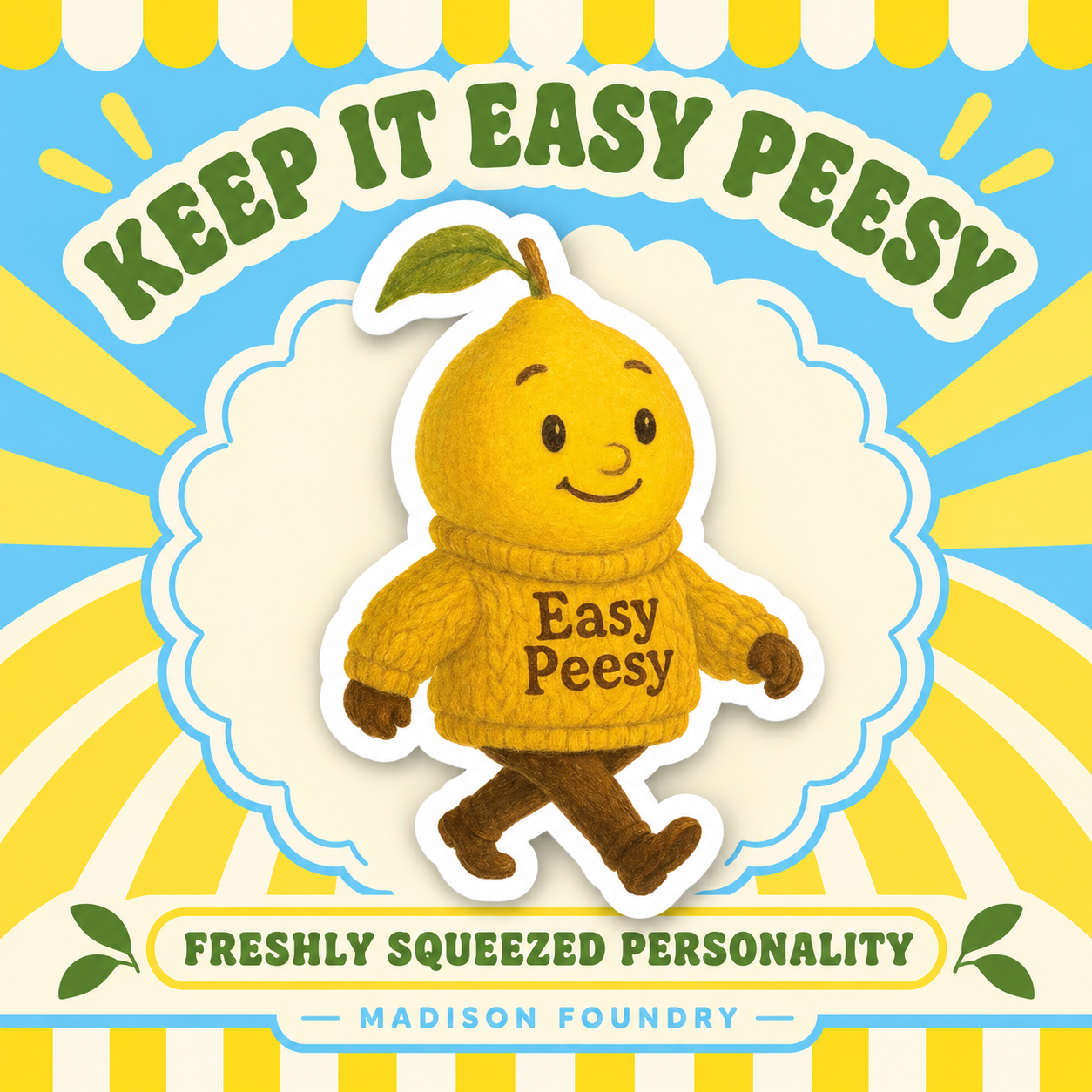 Easy Peesy lemon sticker spotlight with sky-blue and yellow sunshine graphics and Keep It Easy Peesy headline.
