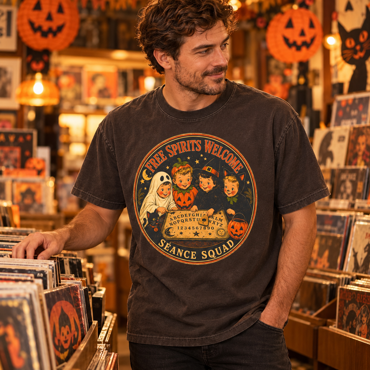 Free Spirits Welcome Séance Squad — vintage Halloween record shop lifestyle