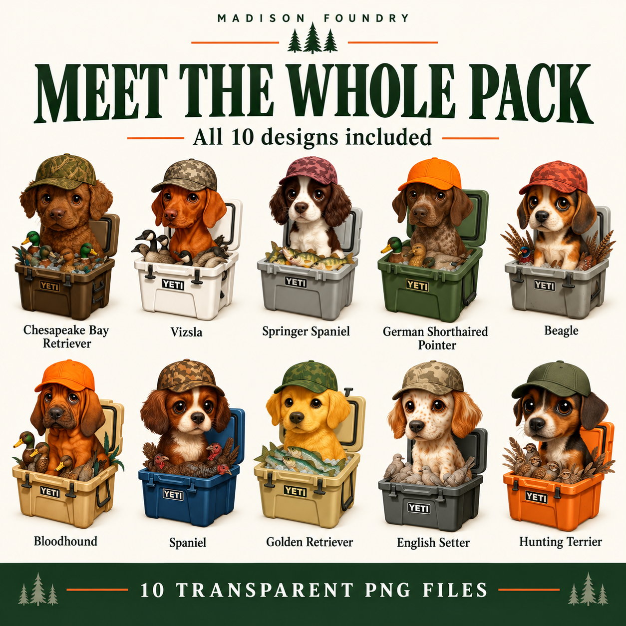 All ten hunting dog designs included