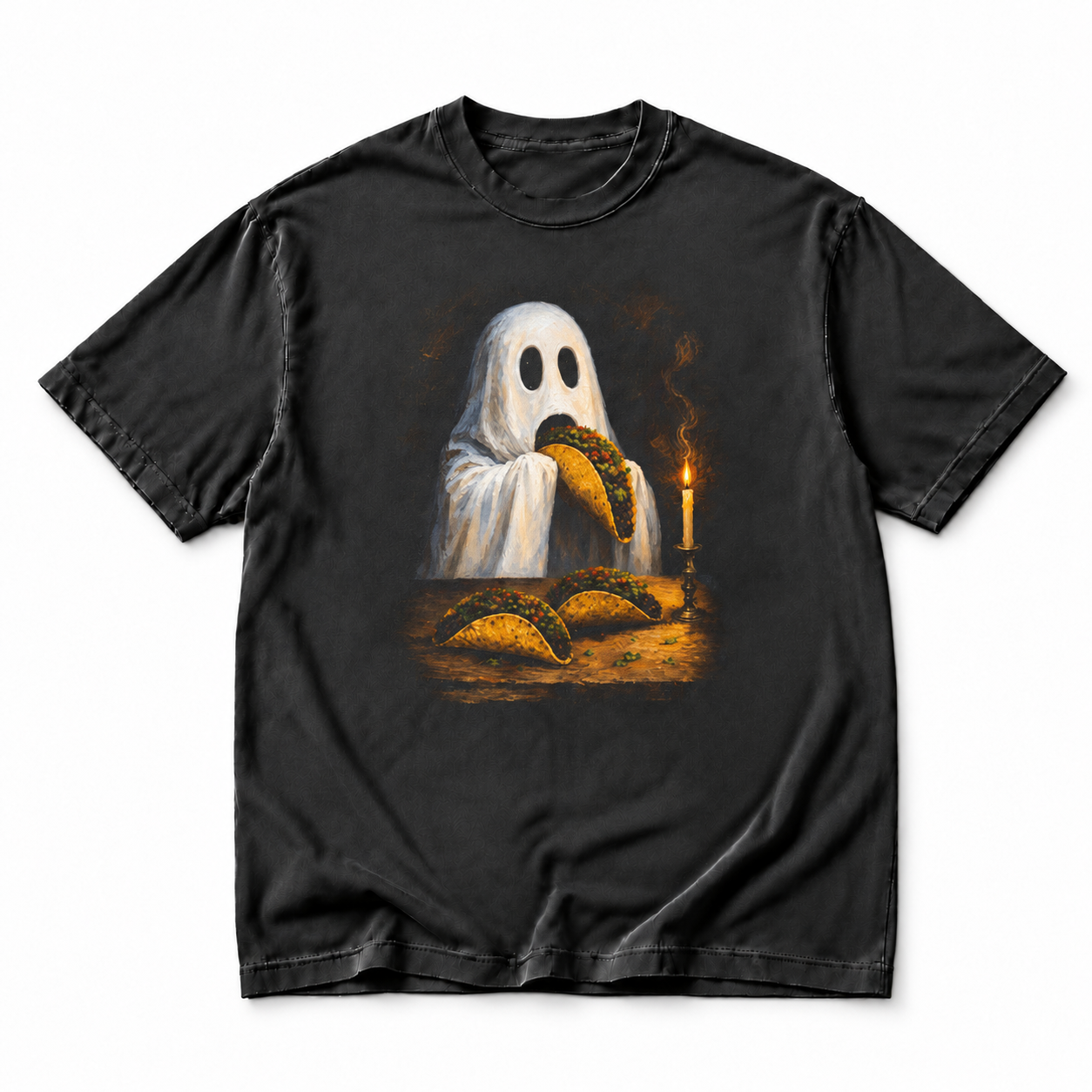 Ghost eating tacos charcoal tee on white background