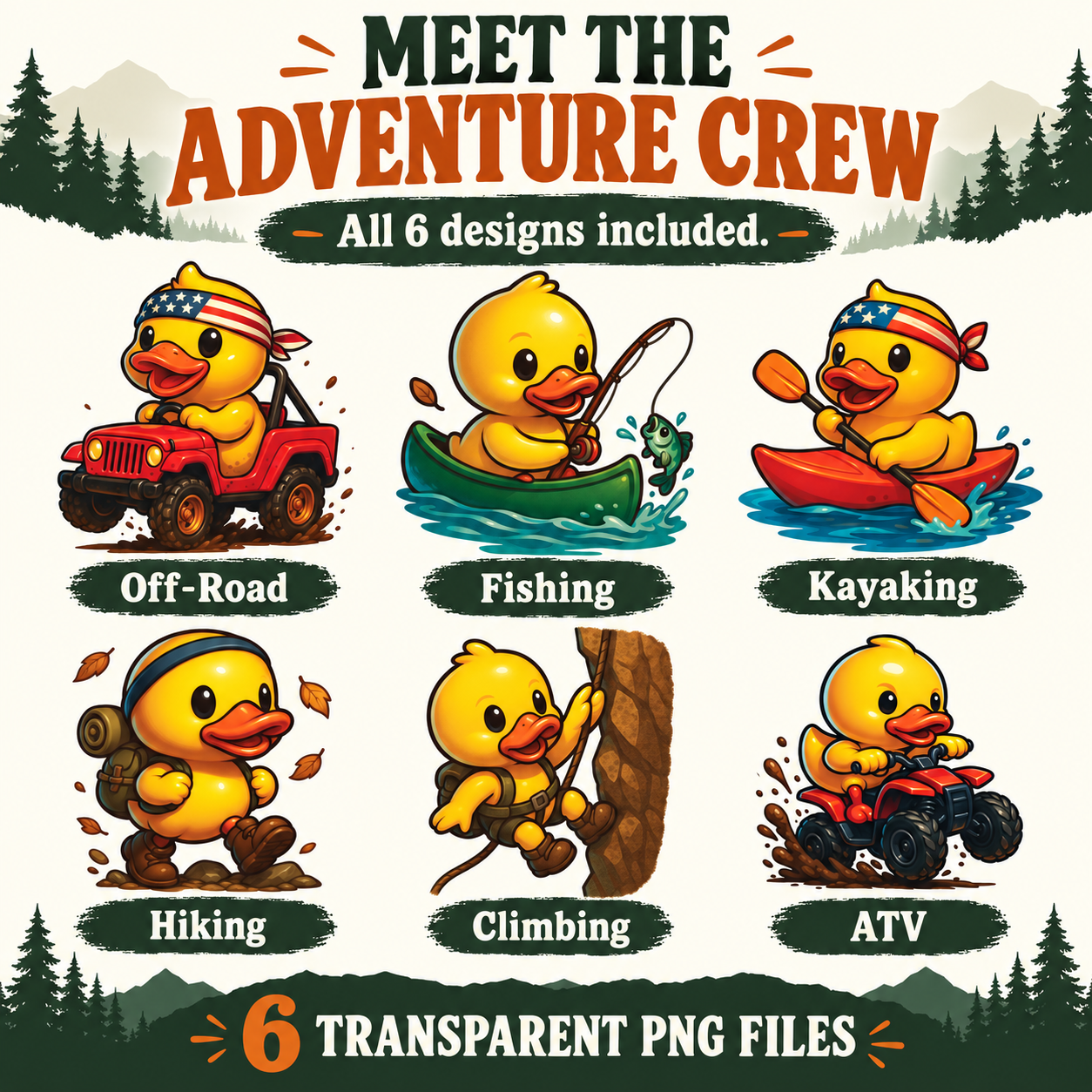 Six outdoor adventure duck designs