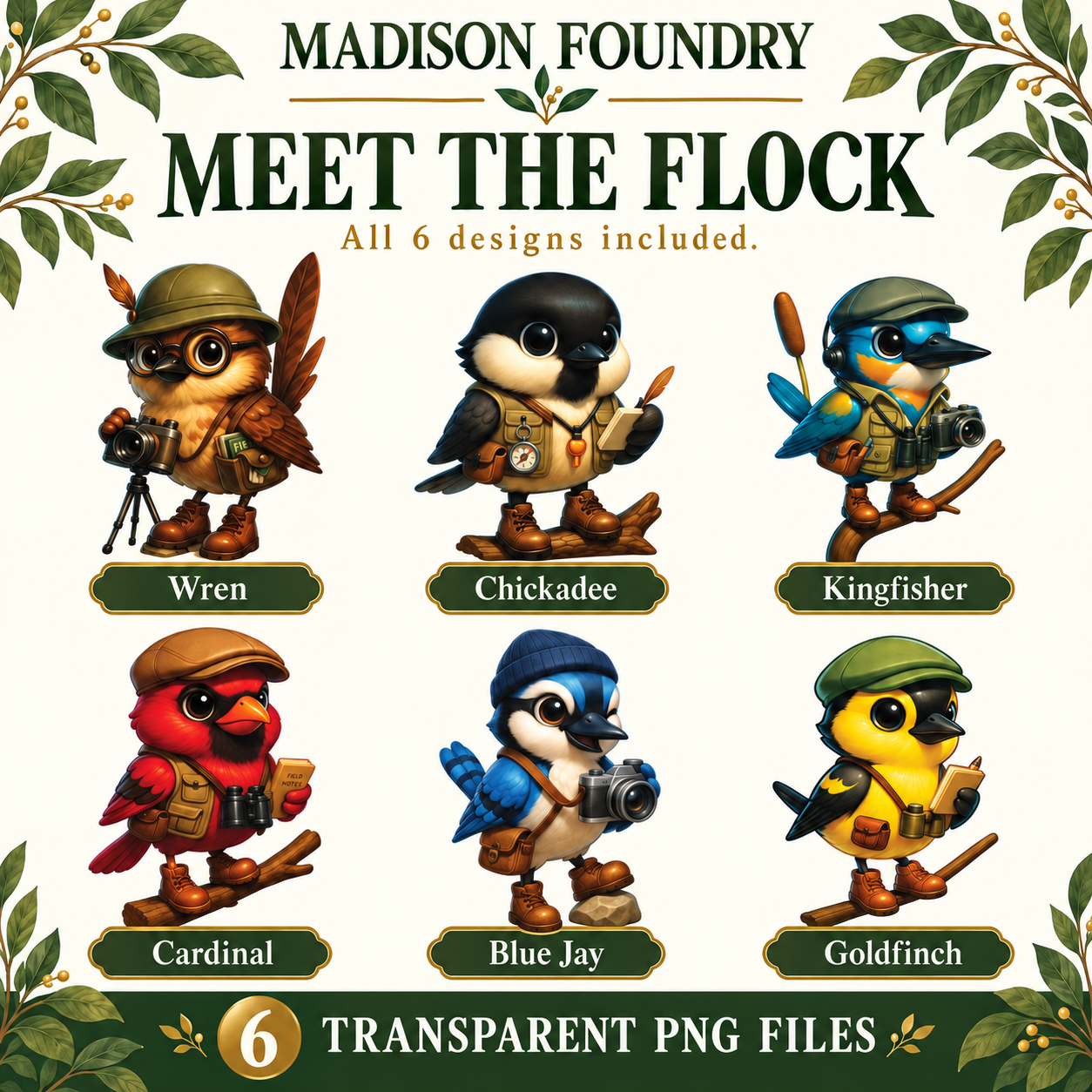 Six birdwatching designs included
