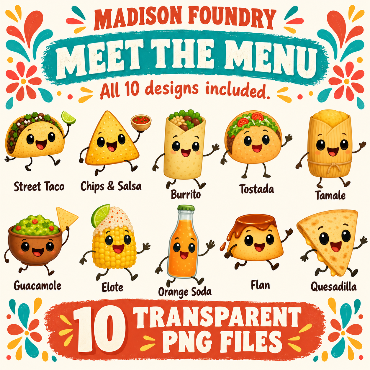 All ten Latin food designs included