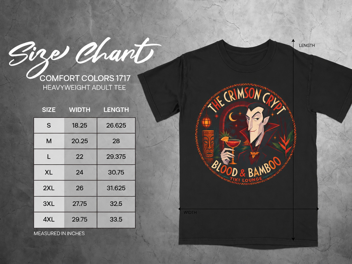 The Crimson Crypt Vampire Tiki — size chart
