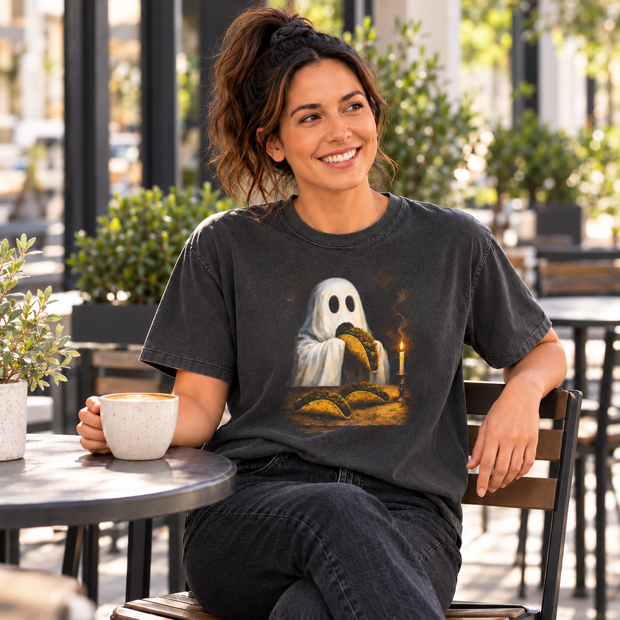 Ghost taco tee — outdoor cafe lifestyle
