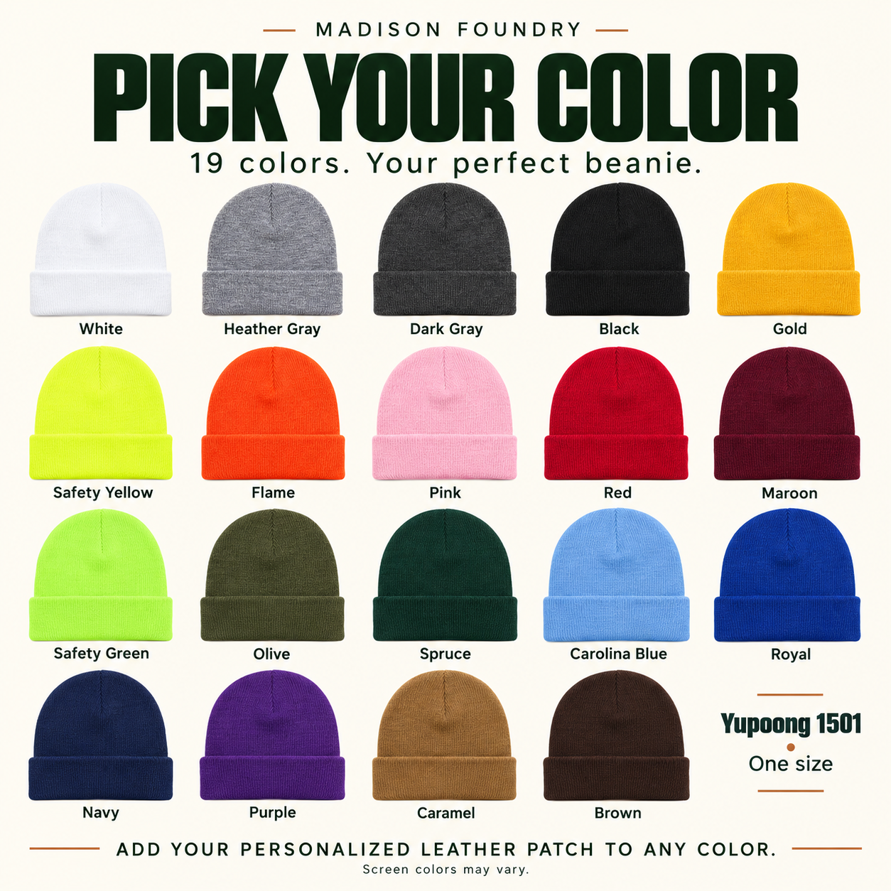 All 19 Yupoong 1501 beanie colors