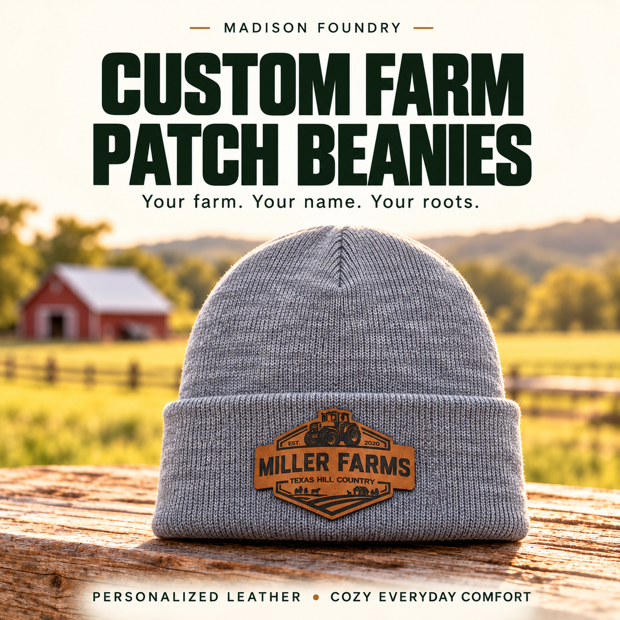 Personalized farm and ranch leather patch Yupoong 1501 beanie in Heather Gray