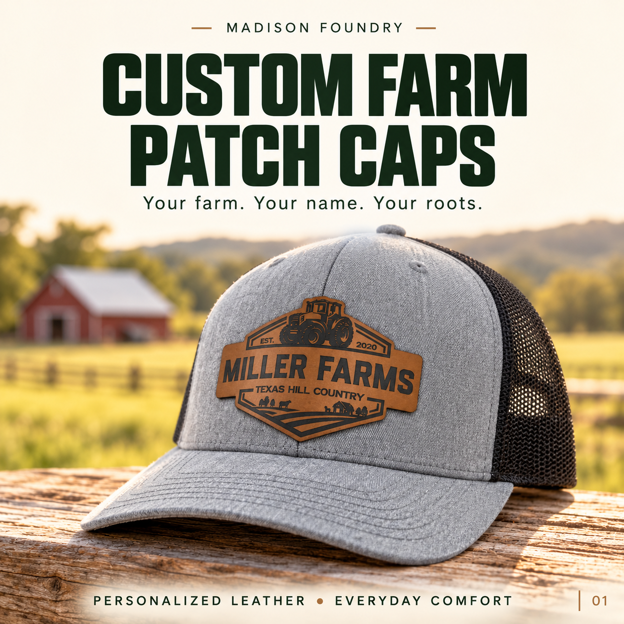 Personalized farm leather patch cap