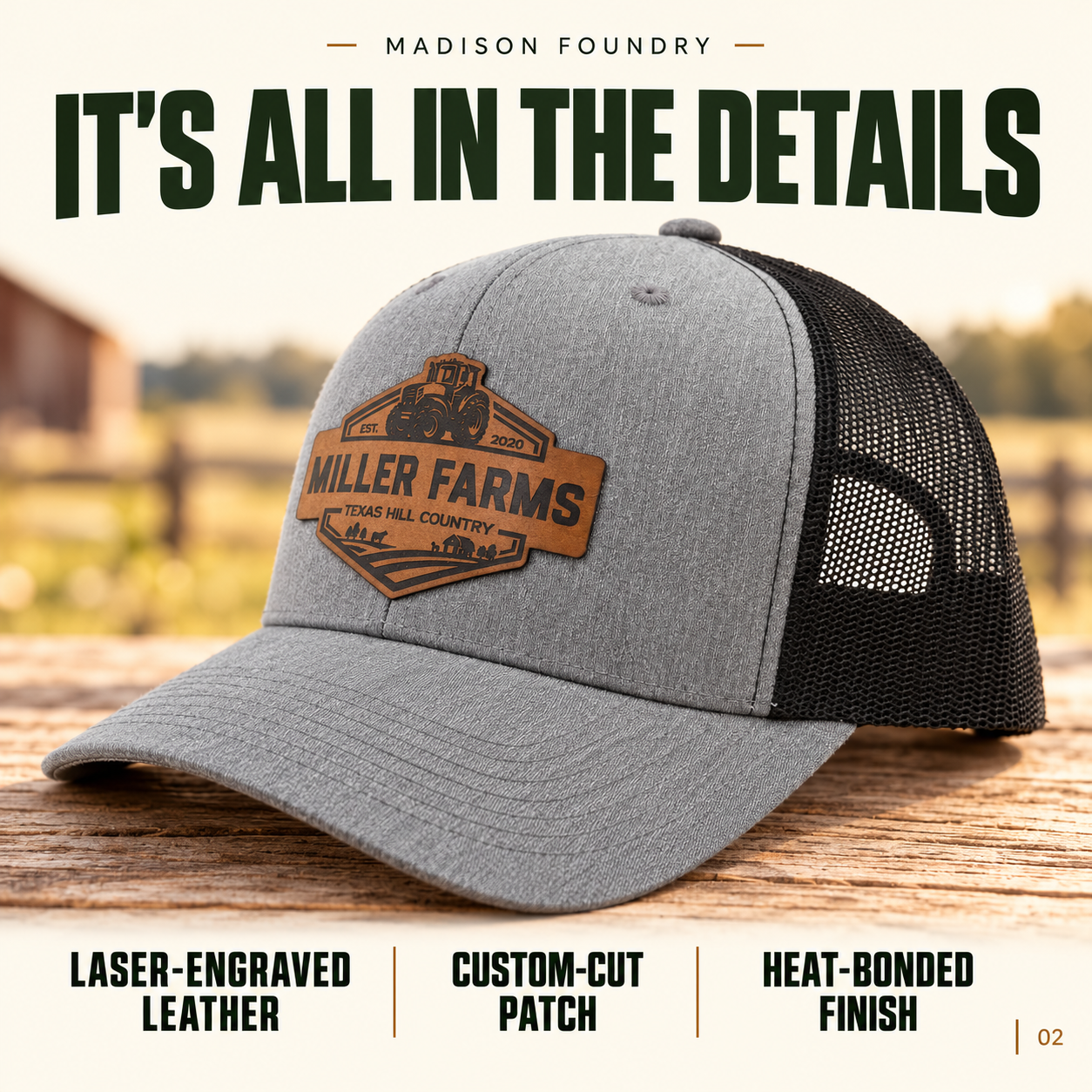Laser engraved farm cap details