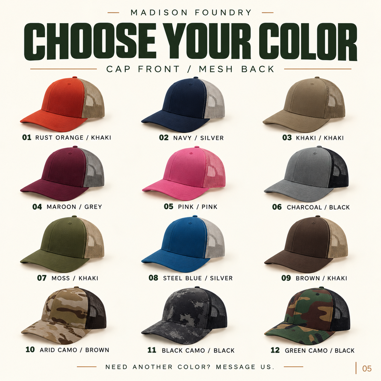 Twelve farm cap color options