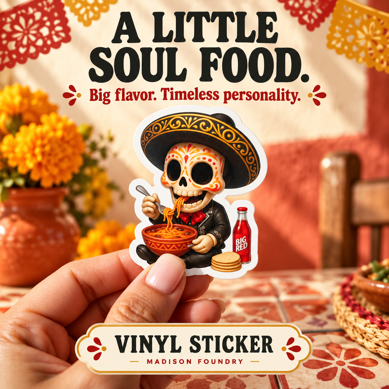 A Little Soul Food — hand-held fideo mariachi calavera sticker