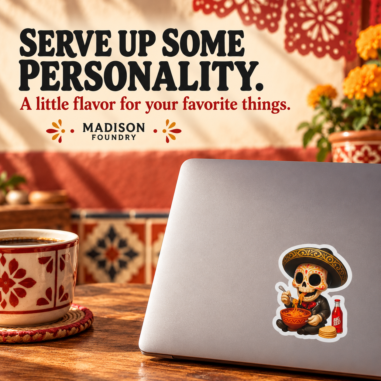 Serve Up Some Personality — fideo mariachi calavera sticker on laptop