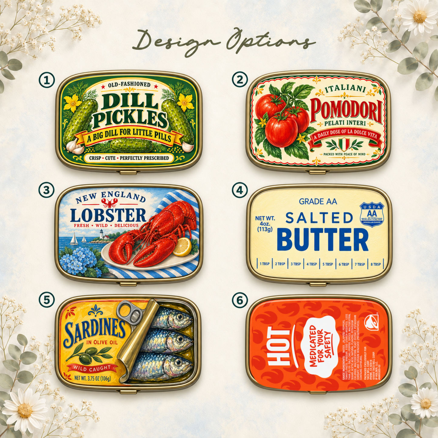 Six vintage foodie pill box design options