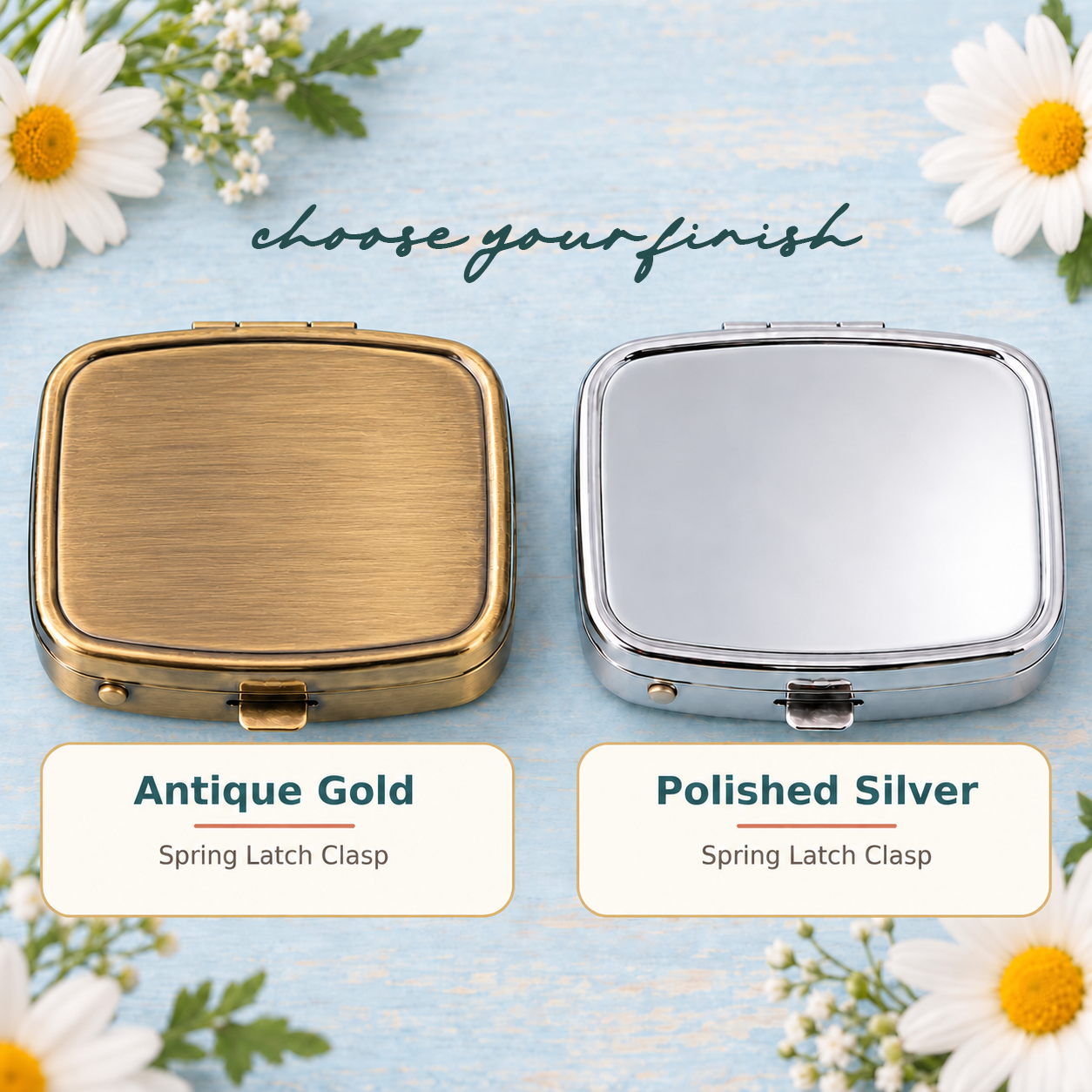 Antique Gold and Polished Silver pill box finishes