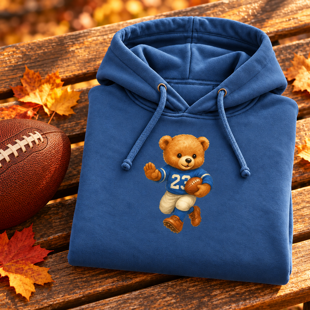 Folded denim-blue Football Bear Hoodie with football and autumn leaves