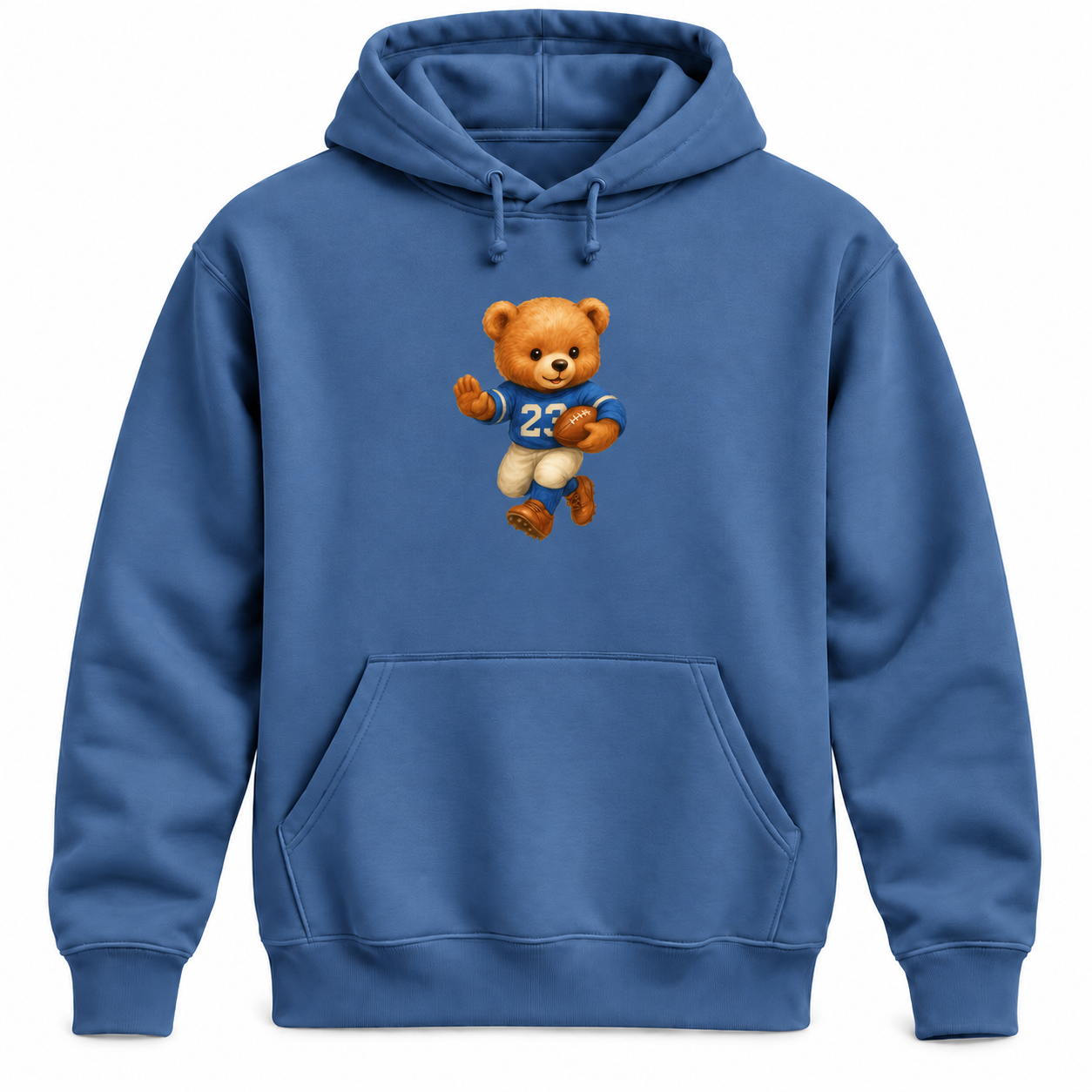 Denim-blue Vintage Football Bear Hoodie with small chest print