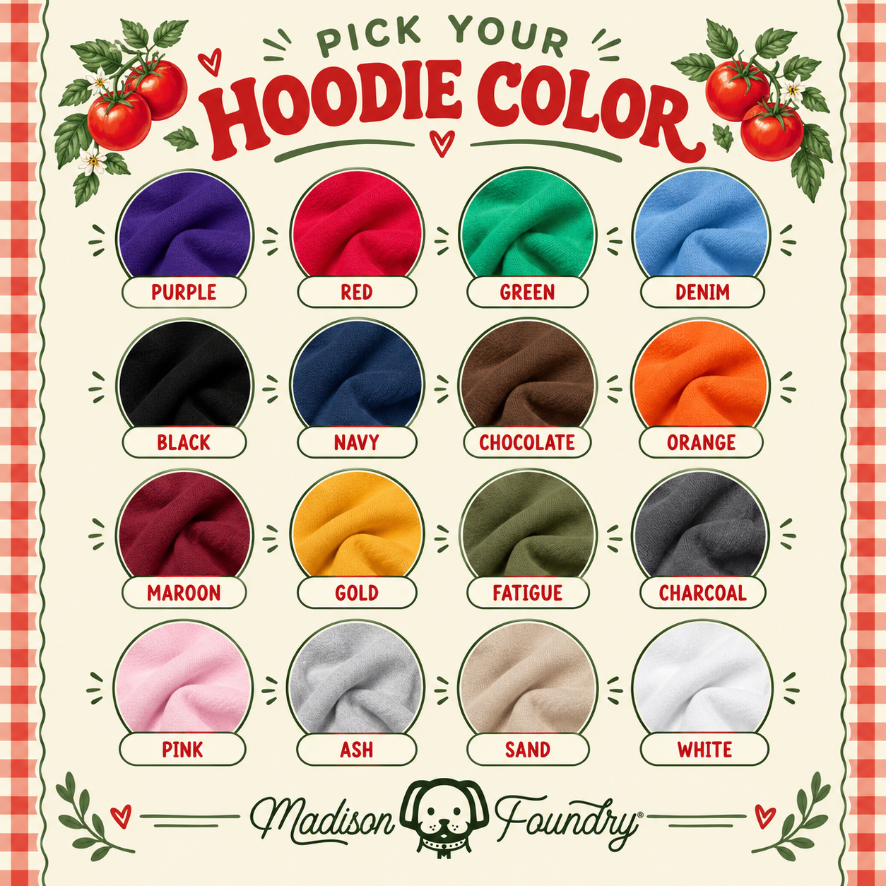 Sixteen hoodie colors in a cheerful red gingham farm chart