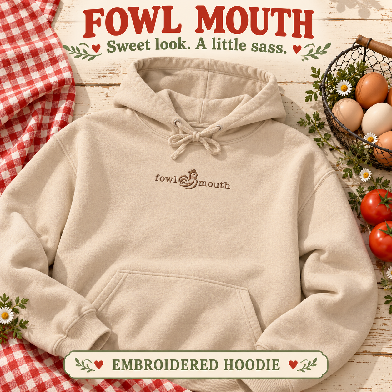 Sand Fowl Mouth embroidered hoodie with red gingham and farm-fresh eggs