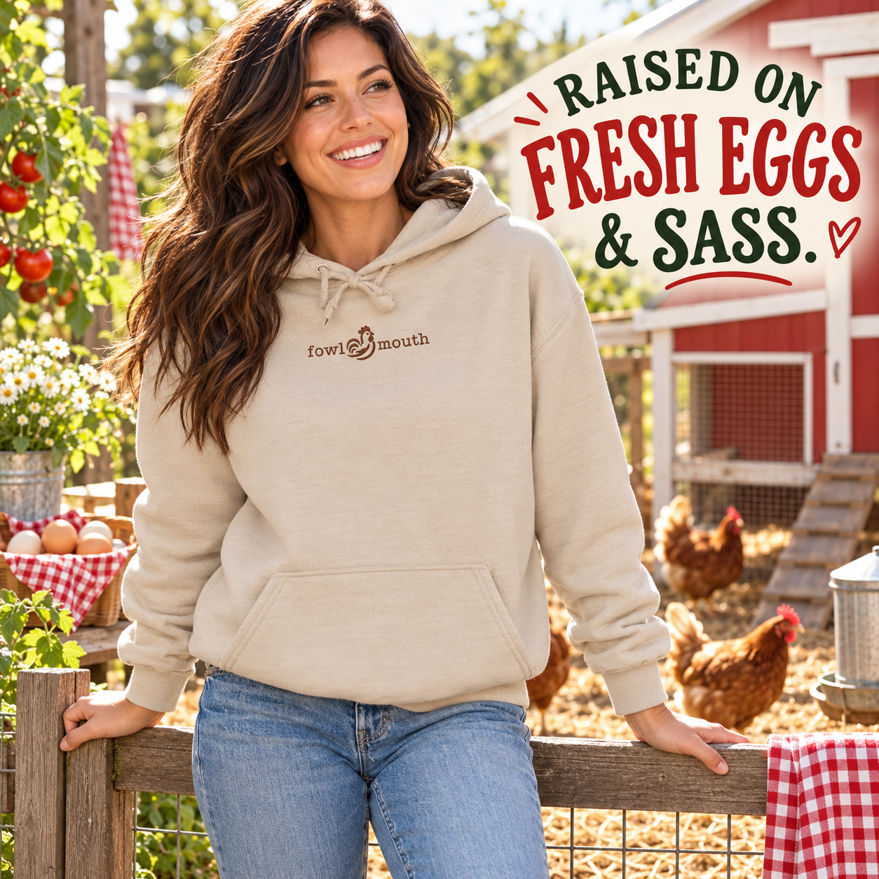 Fowl Mouth Sand hoodie with Mocha embroidery worn beside a backyard chicken coop